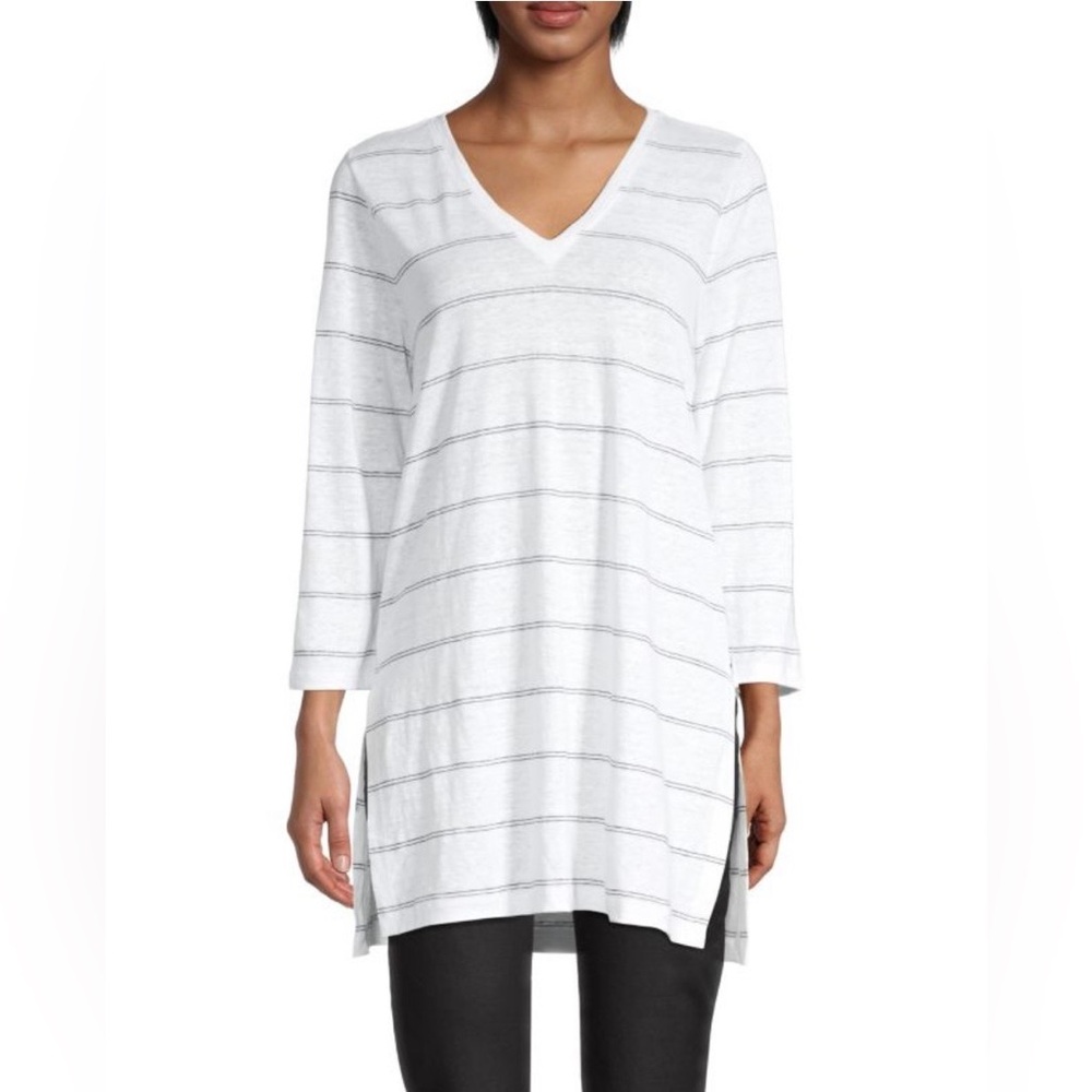 Eileen Fisher Organic Linen Stripe V-Neck Tunic Relaxed Minimalist‎ Quiet Luxury